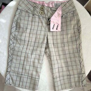 GLO Tailored Goods Beige Bermuda Shorts with a Floral Print & Pink Satin Accents